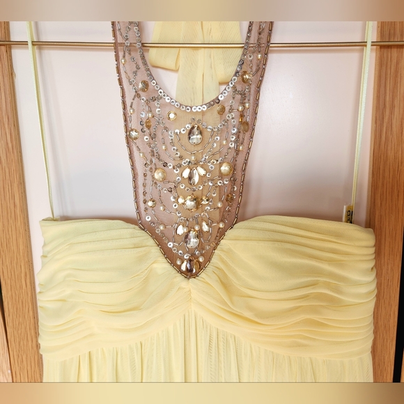 No Brand/No Tags Pale Yellow Chiffon Halter Neck Empire Waist Gown Jewel detail - Picture 3 of 16